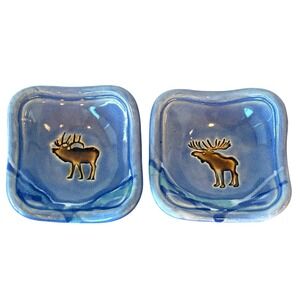 Pretty‎ Bird Pottery PAIR Handmade Blue Moose Elk Trinket Dishes 3.5" Signed
